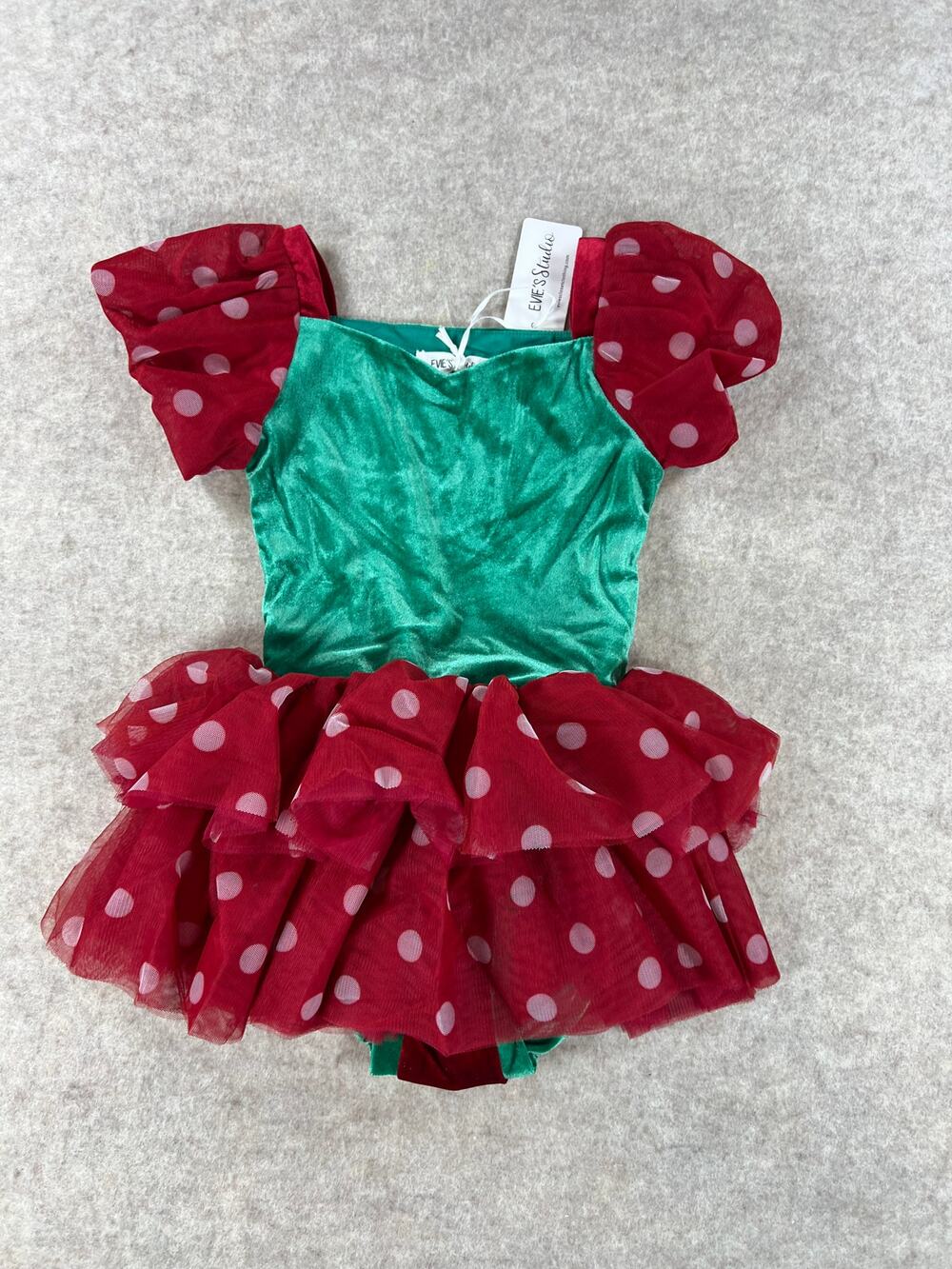 Evie's Closet Green Velvet Red Polka Dot Tulle Christmas Leotard Size CL (7/8)